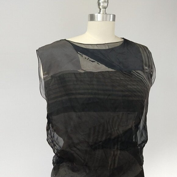 Reed Krakoff Gray Silk Dress Size 8 Blouson Chiffon Overlay Print Asymmetric - Picture 2 of 16